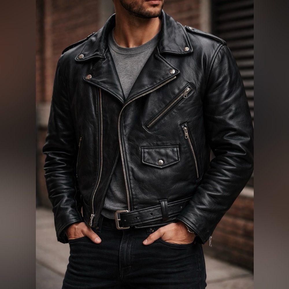 Classic Black Leather Biker Jacket for Men